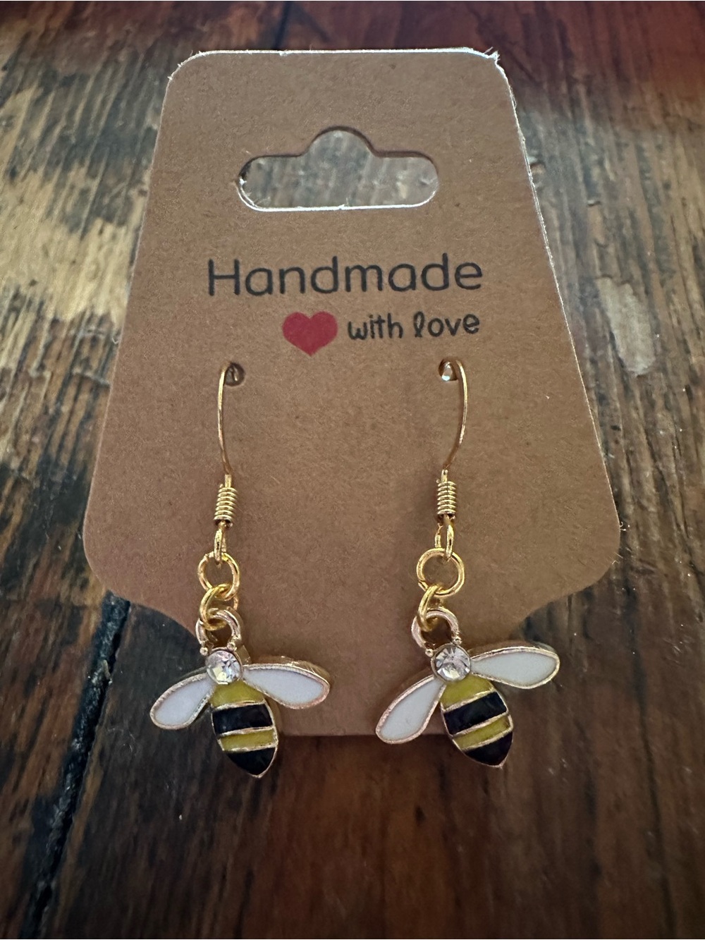 Handmade Gold Bee Drop Earrings with White Wings - Gold Plated, Nickel Free